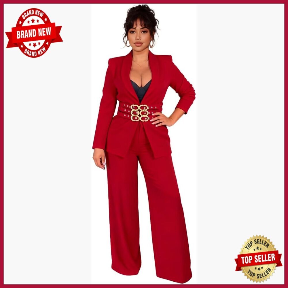 Women's Business Casual Suit Set with Belted Blazer and Pants, Pockets